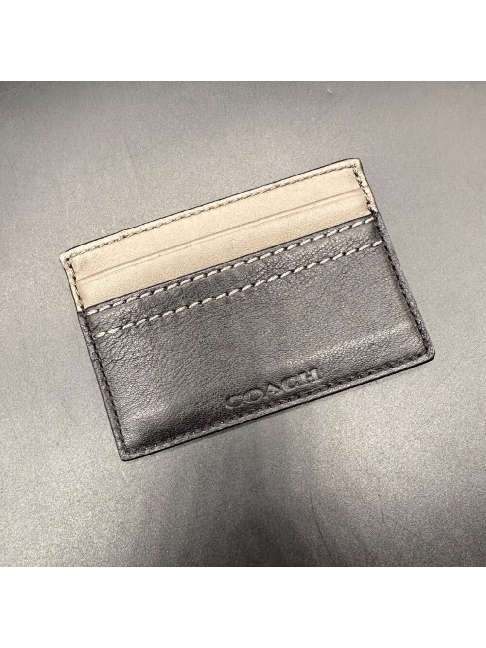 Coach Slim Leather Card Holder Wallet Black Gray Embossed Logo Pocketbook